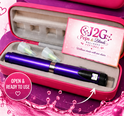 J2G Peps & Blends ready-to-use peptide pen in its carry case